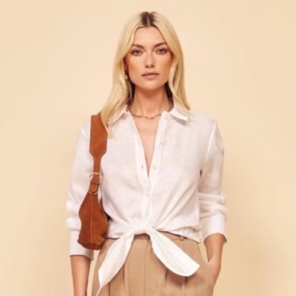 Reformation Anzio Linen Tie Front Button-Up Top